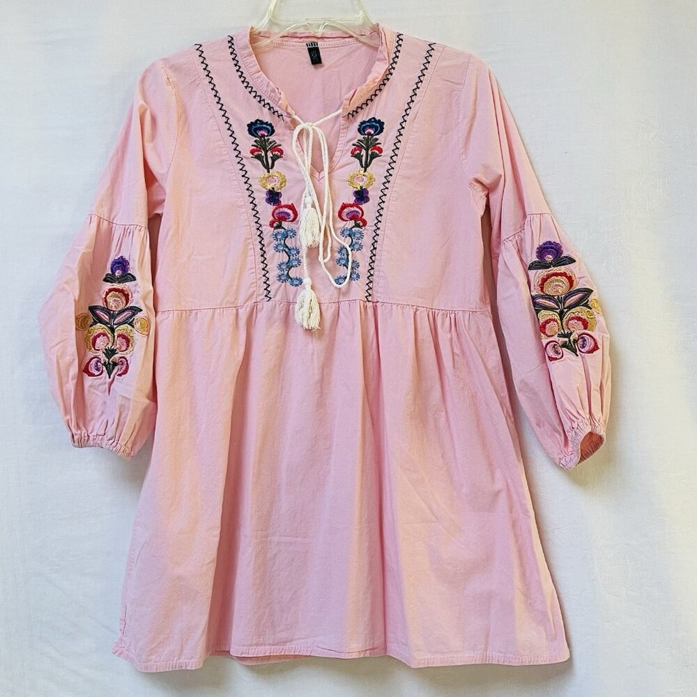 Embroidered‎ Peasant Tunic Top Or Mini Dress Womens Small Boho Party Floral